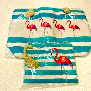 New 2 Piece Set Large And Small  Beach Bags Blue Stripe And Flamingos Swim Tote